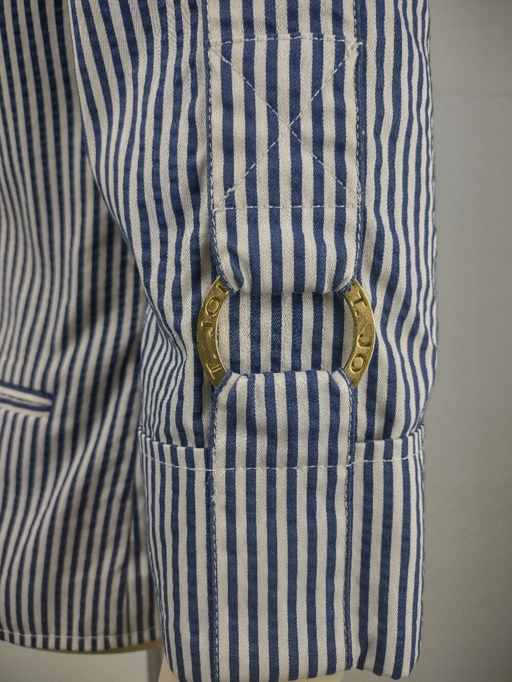 St. John blue white striped tabbed sleeve button front blazer jacket womens 4 - Picture 8 of 10